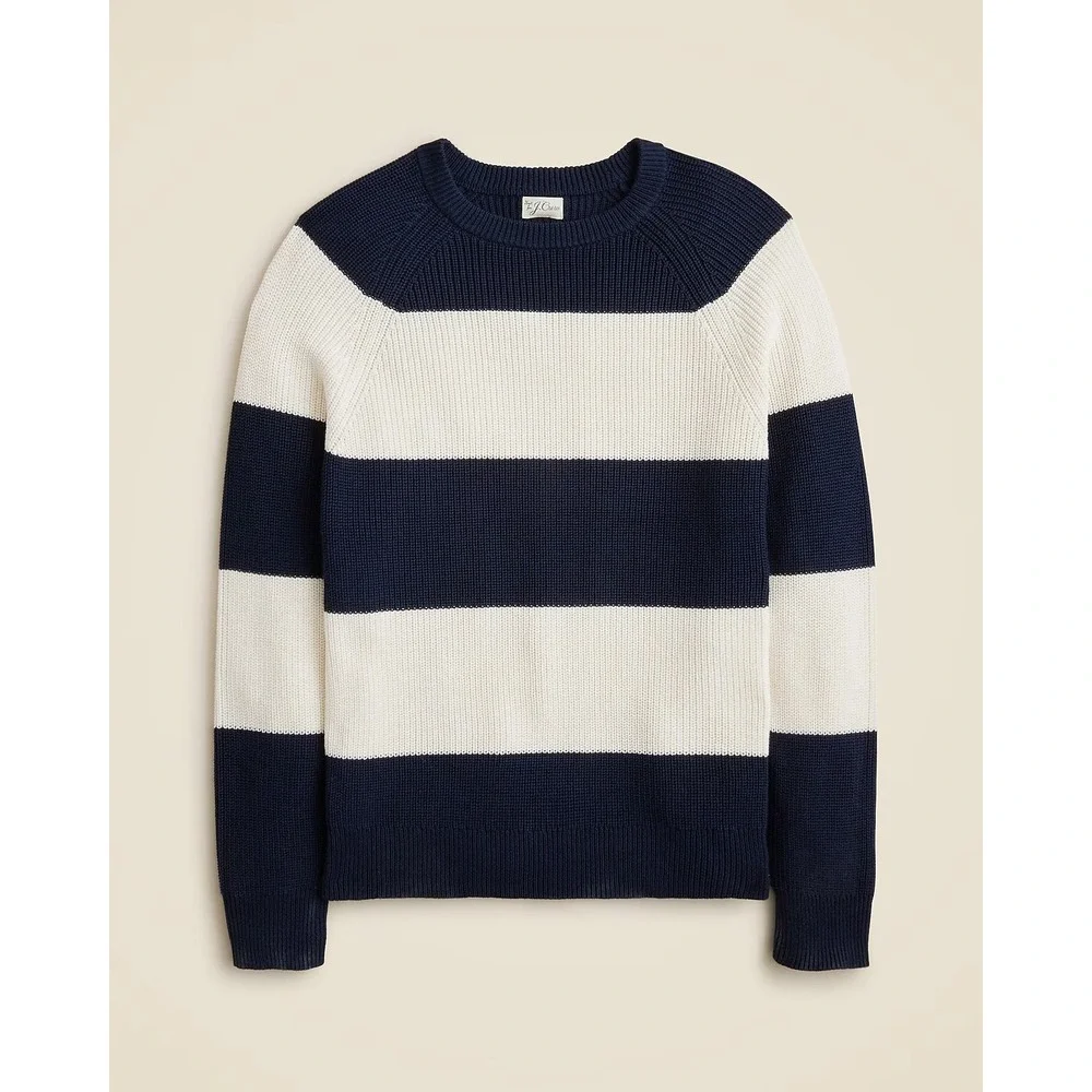 J. Crew Cotton Ribbed Sweater XL Men Navy White Striped Crewneck Pullover Preppy